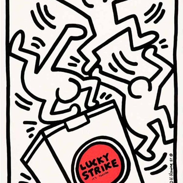 Lucky Strike 4 by Keith Haring showing 3 human figures jumping and dancing around a cigarette box.